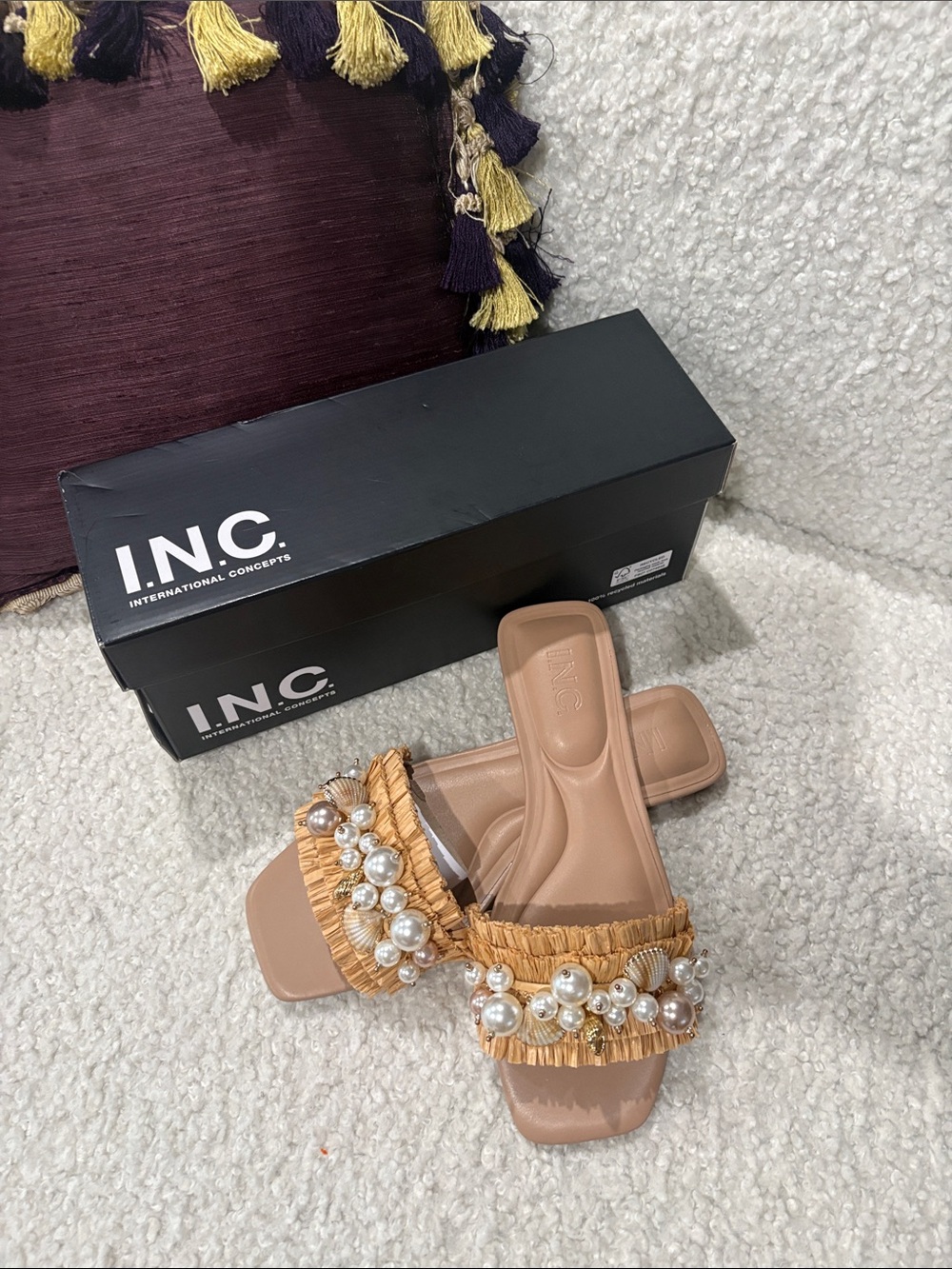 INC International Concepts Tan Raffia Slide Sandals with Pearls